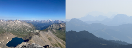 Vergleich der Fernsicht in den Alpen: Links der Blick vom Piz Terri zum Laghet la Greina und zum Tödi am Dienstag, 20.08.2024 (Bild: M. Kägi). Rechts der Blick vom Klein Mythen in Richtung Säntis am Freitag, 23.08.2024 (Bild: D. Gerstgrasser).