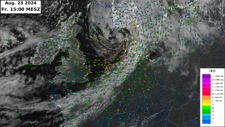 Satellitenbild und Windmesswerte (in kt) vom Freitag, 23.08.2024 um 15 Uhr. Quelle: MeteoSchweiz