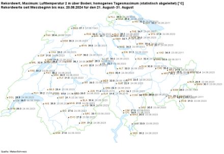 Maximale, in der letzten Augustdekade gemessene Temperatur. 