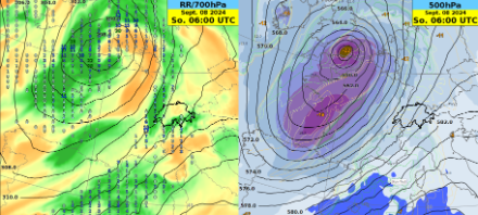 Modellvorhersage des IFS am Sonntag 08.09.2024, 06 UTC: 700 hPa Geopotential mit relativer Feuchtigkeit und 6h-Niederschlag (links) und 500 hPa Geopotential mit Temperatur (rechts).