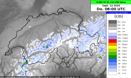 Berechneter Neuschneezuwachs aus dem Modell ICON-1E bis am 12.09.2024, 06 UTC.
