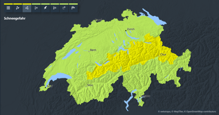 Warnung für Neuschnee der Stufe 2 am Alpennordhang. 