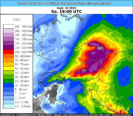 3-tägige Niederschlagssumme von heute Donnerstagabend, 12. September, bis Sonntagabend, 15. September des probabilistischen Vorhersagesystems des ECMWF, EPS (Medianwerte). 