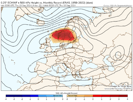 In der Höhe rekordverdächtig starkes Hochdruckgebiet mit Kern über Südskandinavien am Donnerstag, 19.09.2024. Quelle: PolarWx, Tomer Burg, http://arctic.som.ou.edu/tburg/models