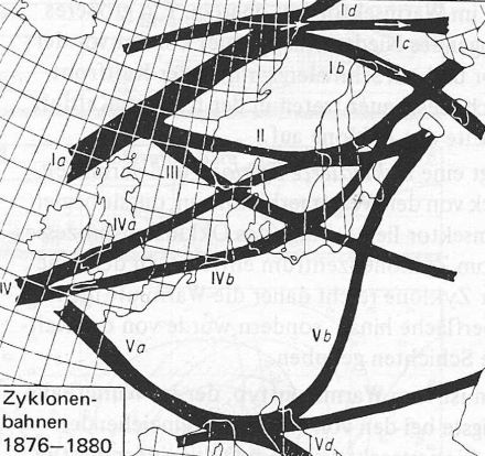 Aus der Meteorologischen Zeitschrift 8 vom Jahr 1891: Die Zugstrassen der barometrischen Minima nach W. J. van Bebber. Darunter ist auch die Zugbahn Vb.