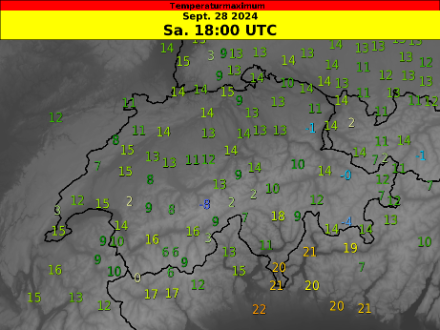 Maximaltemperatur in Grad Celsius für Samstag, 28. September 2024.