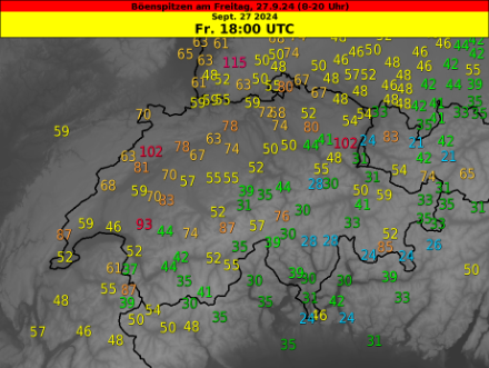 Böenspitzen am Freitag, 28. September 2024, in km/h.
