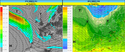 Grosswetterlage am Dienstag, 24. September 2024, gemäss dem Wettermodell IFS-HRES. Links die Druckverhältnisse auf 300 hPa (ca. 9000 m) und Windgeschwindigkeit (farbig, in Knoten), rechts Bodendruckverhältnisse (schwarze Isobaren) und Lufttemperatur auf ca. 1500 m (farbig, in Grad Celsius). Die Schweiz liegt zwischen einem Tief über der Nordsee und einem Hochausläufer, der sich vom Atlantik über die Iberische Halbinsel bis zum Alpenraum erstreckt.