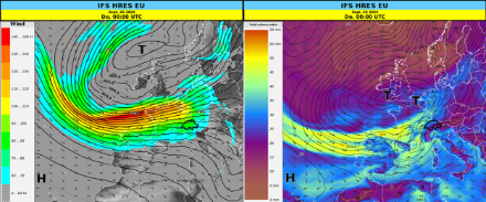 Wetterlage am Donnerstag gemäss dem Wettermodell IFS-HRES. Links die Druckverhältnisse auf 300 hPa (ca. 9000 m, schwarze Linien) sowie Windgeschwindigkeit (farbig, in Knoten). Rechts die Bodendruckverhältnisse (schwarze Linien) sowie das niederschlagsbare Wasser (als Mass für den Feuchtegehalt der Luft) in Farbflächen. Die sehr starke West- bis Südwestströmung führt sehr feuchte Luft nach Mitteleuropa.