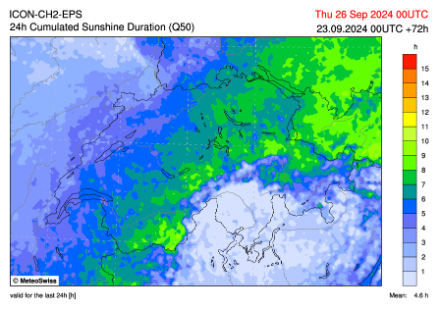 Sonnenscheindauer in Stunden für den Mittwoch, 25. September 2024, gemäss ICON-CH2 (Median). Nicht zuletzt dank Föhneinfluss wird es in den zentralen und östlichen Landesteilen am sonnigsten.