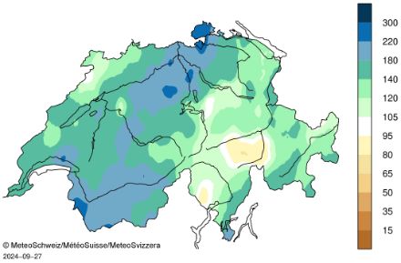 Abb. 5: Räumliche Verteilung der Niederschlagssummen im September 2024, dargestellt in Prozent der Norm 1991-2020 für den Zeitraum 1. bis 26. September.