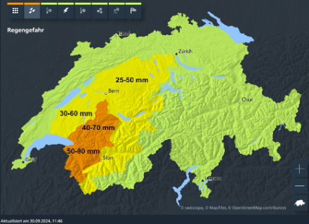 Regenwarnungen für das Regenereignis vom 1. auf den 2. Oktober 2024. 
