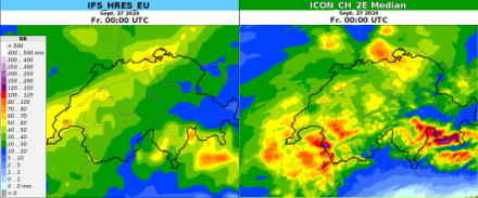 Vorhersage des Niederschlages (24h-Summen) des IFS-Modells (links) und des ICON-2E Median (rechts)