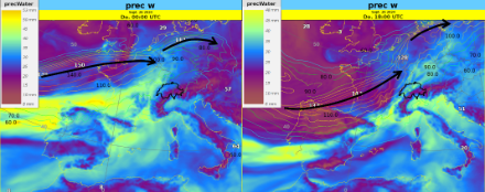 Niederschlagbares Wasser des IFS-Modells am 26.09.2024, 0 UTC und am 26.09.2024, 18 UTC. Die schwarzen Pfeile markieren den Jetstreak (stärkster Windbereich im Jetstream)