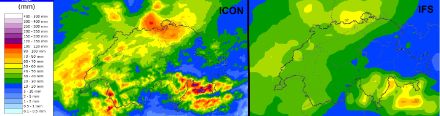 24h-Niederschlag [mm] von Donnerstag 00 Uhr bis Freitag 00 Uhr, Median des Modells ICON (links) und IFS (rechts). Die Mengen sind im Allgemeinen bei ICON höher. 