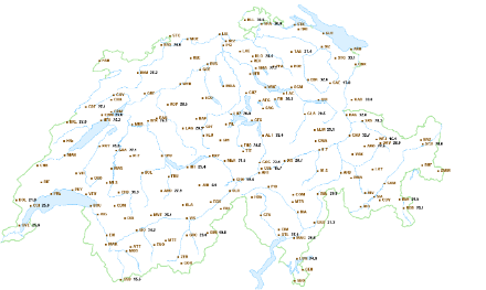 Tageshöchsttemperaturen am 17. September 1975. Damals brachte der Föhn in einigen nördlichen Alpentälern Tageshöchsttemperaturen bis 33 Grad. Es handelt sich dabei um Originalwerte, mit den heutigen Messbedingungen wären die Temperaturen geringfügig tiefer ausgefallen.