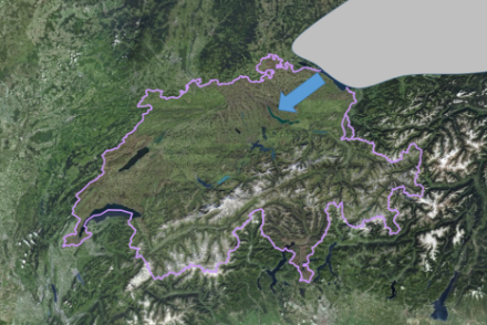 Bise und Hochnebel: Bei Bise herrscht im Winter nicht selten Hochnebel. Manchmal führt die Bise aus Nordosten trockenere Luft heran, so dass sich der Hochnebel auflöst, dies besonders in der Nordschweiz von Basel bis zum Bodensee. Handkehrum führt die Bise - wie in der Abbildung dargestellt - feuchte Luft heran. Der Hochnebel breitet sich dann von der Bodenseeregion her Richtung Mittelland aus.