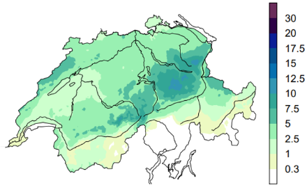 Median der täglichen Niederschlagsmenge [mm] aller zyklonalen Nordwestlagen im Herbst in der Zeitperiode 1961-2010 (die Hälfte der 200 Fälle weisen kleinere Mengen auf).