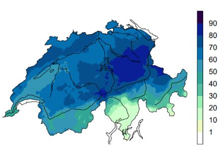 Niederschlagshäufigkeit [%] bei Tagessummen des Niederschlags von mindestens 1 mm aller zyklonalen Nordwestlagen im Herbst in der Zeitperiode 1961-2010 (200 Fälle). 