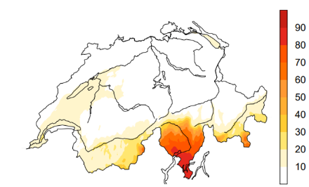 Median der relativen Sonnenscheindauer [%] aller zyklonalen Nordwestlagen im Herbst in der Zeitperiode 1981-2010 (die Hälfte der 121 Fälle weisen kleinere Werte auf). 
