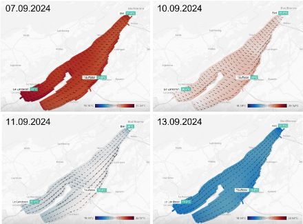 Simulation der Oberflächentemperatur und -strömung des Bielersees in den kommenden Tagen.
