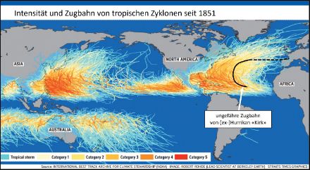 Klimatologische Karte mit der Zugbahn der Tropischen Zyklonen. Ein relativ grosser Anteil der Systeme zieht nordwärts und wird als abgeschwächtes, extratropisches Tief in die Westströmung integriert. In schwarz ist die ungefähre Zugbahn von Kirk eingezeichnet. Quelle: NOAA, Robert Rohde, MeteoSchweiz)