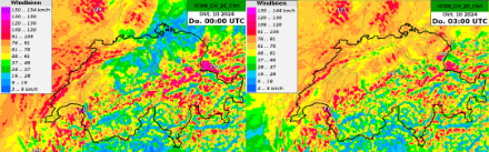 Vorhergesagte höchste Windspitzen in km/h der letzten 3 Stunden aus dem Modell ICON 2E am 10.10.2024, 0 UTC (links) und am 10.10.2024, 3 UTC (rechts).