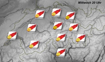 Prognose für eine erfolgreiche Kometensichtung am Mittwochabend. Die Chance ist voraussichtlich im Osten höher als im Westen, im Süden ist sie nahe null, in erhöhten Lagen grundsätzlich höher als in tiefen Lagen (Nebel/Dunst)