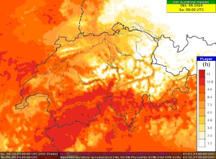Karte der Sonnenscheindauer in der Schweiz am Samstag