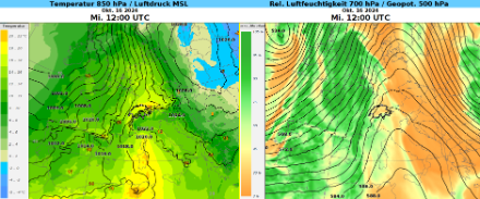 Gemäss der aktuellen Lösung des Wettermodells IFS liegt die Schweiz am kommenden Mittwoch zwischen einer Tiefdruckzone über Westeuropa und einem Hoch über Osteuropa in einer Föhnströmung. 