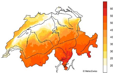 Relative Sonnenscheindauer in % im Dezember (Referenzperiode 1991 - 2020). Im Mittelland gilt: Je tiefer die Region, desto mehr Nebel ist dort zu erwarten. Das noch tiefer gelegene Basel ist jedoch relativ sonnig.