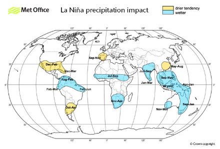 Einfluss von La Niña auf die Niederschläge in verschiedenen Weltgegenden. Blau bedeutet mehr Niederschlag als normal, gelb weniger als normal. Quelle: https://www.metoffice.gov.uk/