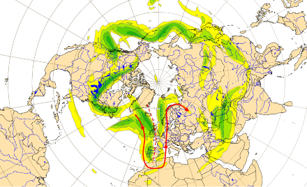 Der Jetstream umrundet die Erde wellenförmig und wellt sich dabei so, dass die absolute Vortizität durch Veränderung der relativen Vortizität konstant bleibt. Die Grafik zeigt den modellierten Wind für den 27. Oktober um 00 UTC auf 300 hPa (in etwa 10 km Höhe). Der sinusförmige Verlauf ist erkennbar. Er ist allerdings etwas chaotisch, da zwischen Theorie und Praxis doch noch Welten sind.