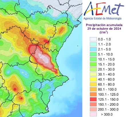 Niederschlagssummen am 29. Oktober 2024 in der Region Valencia. Quelle: Spanischer Wetterdienst AEMET via X
