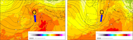 Geopotential auf 500 hPa und Temperaturfeld auf 850 hPa des IFS am 15.10.2024, 15 UTC (links) und am 17.10.2024, 12 UTC (rechts), das Gebiet der Cevennen ist ungefähr als schwarze Ellipse eingezeichnet.
