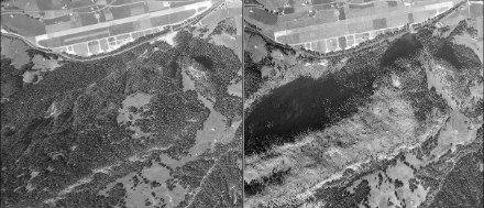 Am 7. und 8. November 1962 wütete im Berner Oberland einer der schwersten Föhnstürme seit Menschengedenken. Südlich von Saanen wurden grossflächig Waldbestände völlig zerstört. Das Bild links zeigt die Landschaft vor dem Föhnsturm, das Bild rechts nach dem Föhnsturm.