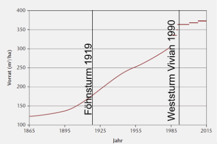 Durchschnittlicher Holzvorrat in Kubikmeter pro ha in der Schweiz zwischen 1865 und 2015.