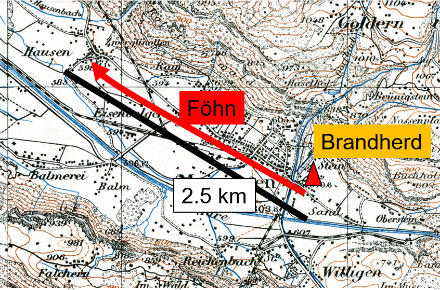 Das Dorf Meiringen und seine Nachbardörfer ungefähr zur Zeit des Dorfbrandes. Der Brandherd lag in Stein, doch der Föhn trug die Glut bis ins 2.5 km weiter entfernte Hausen.