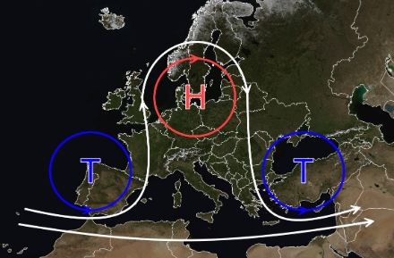 Vereinfachte Visualisierung einer möglichen Omega-Block Konstellation. Das Hoch wird flankiert von zwei Tiefs, welche sich von der grossräumigen Strömung abgespaltet haben. 