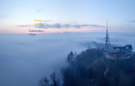 Heute Samstag konnten am Morgen die Virgen noch an einigen Standorten beobachtet werden, wie hier beim Uetliberg. Rechts der eingezeichneten Wolke und Virga sind noch weitere zu erkennen.