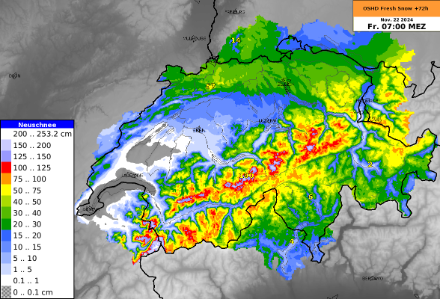 Heutige Neuschneeprognose (nach dem OSHD-Modell) bis Freitagmorgen, 22.11.2024, 7 Uhr, wie sie auch in der MeteoSwiss App zu sehen ist. Es wird sicher nicht das letzte mögliche Szenario gewesen sein. Quelle: SLF, MeteoSchweiz.