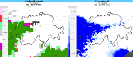 Links: Niederschlagsart gemäss dem Wettermodell IFS. Grün: Regen, weiss: Schneefall, violett und rot: gefrierender Regen beziehungsweise Eiskörner. Rechts: Schneeanteil gemäss dem Wettermodell ICON CH 2E. Blau: Regen, weiss: Schnee. 