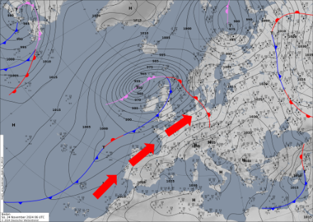 Bodenanalyse des Deutschen Wetterdienstes (DWD) vom 24.11.2024, 7 Uhr (modifiziert).