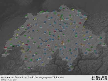 Böenspitzen der letzten 24 Stunden in km/h bis Sonntag, 24.11.2024, 12 Uhr. Quelle: MeteoSchweiz