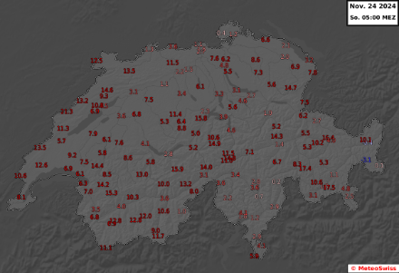 24-stündige Temperaturänderung in °C bis Sonntagmorgen, 24.11.2024, 5 Uhr. Quelle: MeteoSchweiz