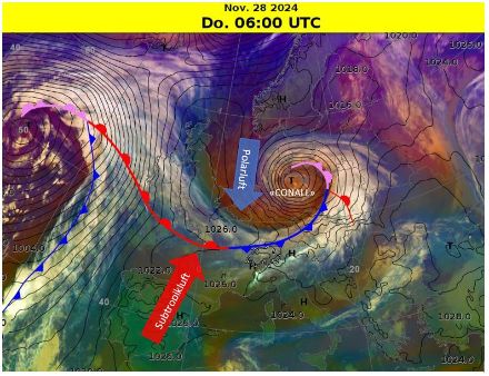 Abbildung 1: Bodendruck (schwarze Konturen), RGB-Satellitenbild und Fronten für den 28.11. um 06:00 UTC. 