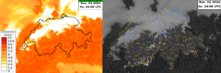 Berechnete Sonnenscheindauer des ICON-2E für den 2. November 2024 (links) und die gemessene Sonnenscheindauer bis 14 UTC mit dem aktuellen Satellitenbild (rechts). 