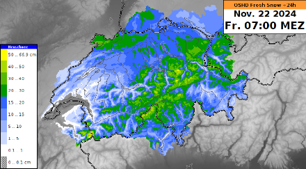 Prognose des Neuschnees bis Freitagmorgen 7 Uhr des Modells OSHD. Für die zentralen und östlichen Alpen und die Alpensüdseite sind die hier vorhergesagten Neuschneemengen wahrscheinlich überschätzt. 