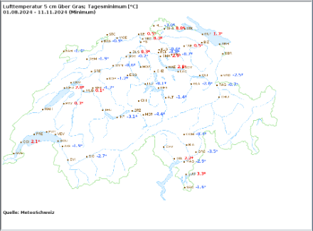 Tiefste Temperatur, gemessen auf 5 cm über Gras zwischen dem 1.8.2024 und dem 10.11.2024: Bereits einige Stationen (unterhalb von 600 Metern) verzeichneten Bodenfrost.