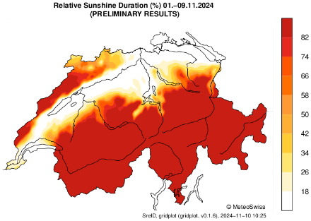 Summe der bisherigen Sonnenscheindauer im November 2024. Der häufige Nebel- und Hochnebel im Mittelland ist zu erahnen.